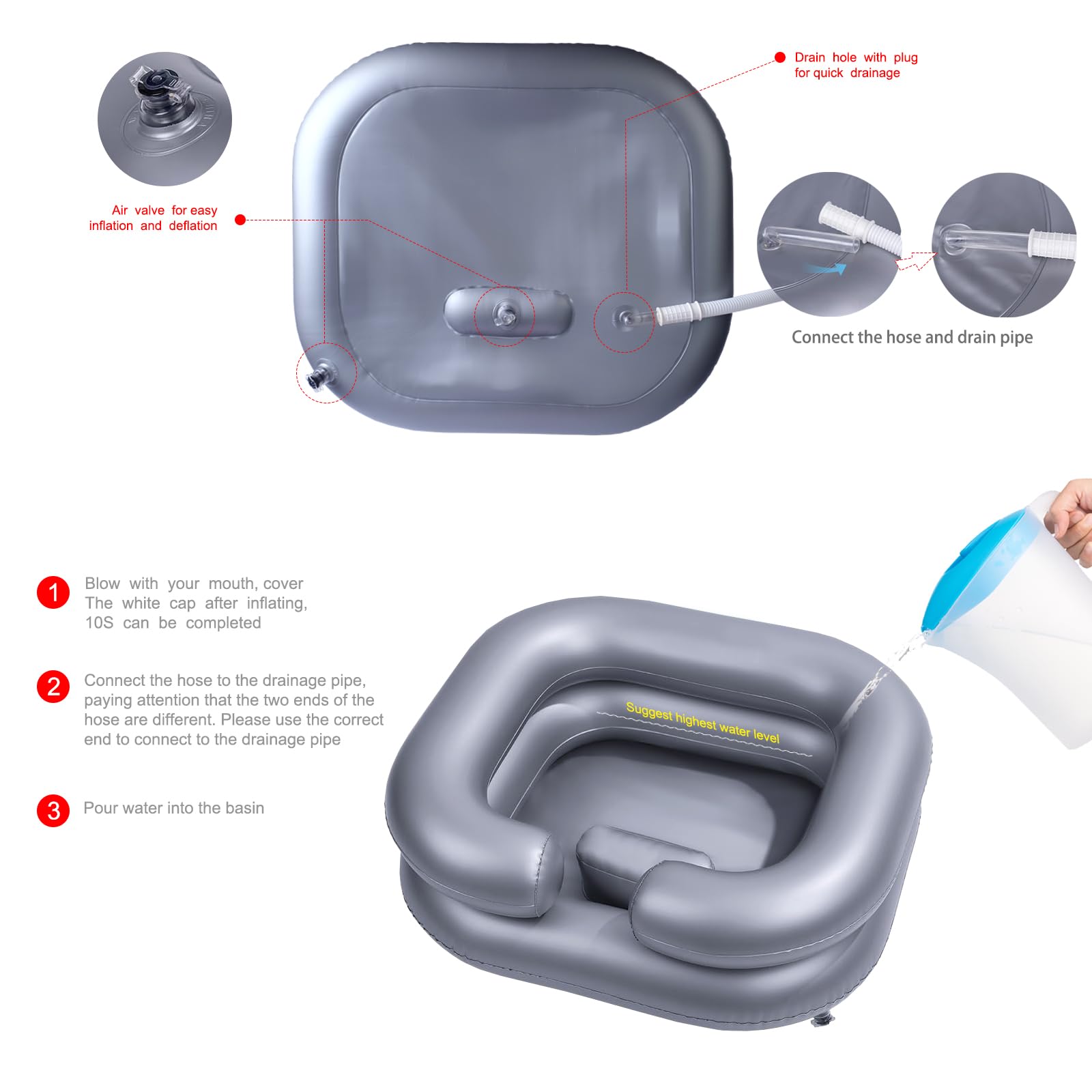 White Smoke Inflatable Shampoo Basin for Bedridden and Disabled,Portable Shampoo Bowl for Injured, Hair Washing Basin for Childred,Pregnant Woman,Easy Hair Washing at Home (Silvery)