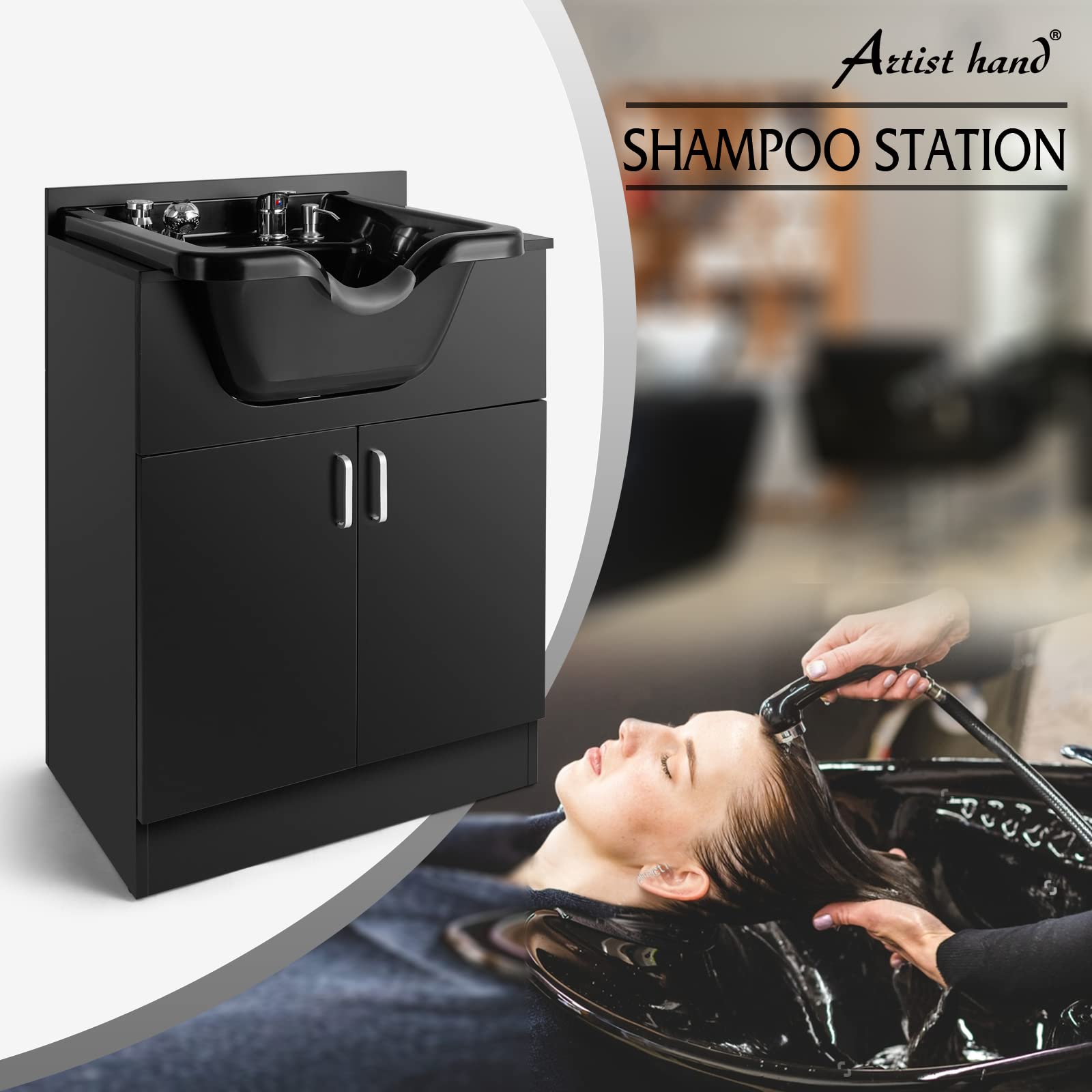 Dark Slate Gray Artist hand Shampoo Backwash Sink Station with Shampoo Bowl Shampoo Station, Backwash Sink Chair Spa Salon Beauty Equipment, Used with Barber Chair and Shampoo Chair(Black)