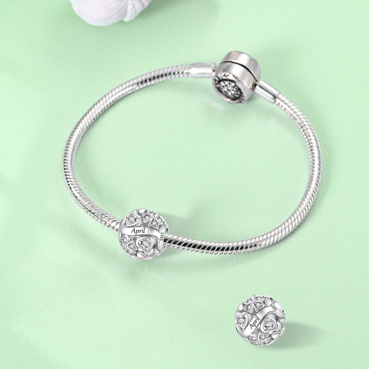 Light Gray 925 Sterling Silver Lucky Clover Birthstone Charms for Bracelets Dangle Pendant with 5A Cubic Zirconia Compatible Pandora Bracelets, Ladies Birthday Gift
