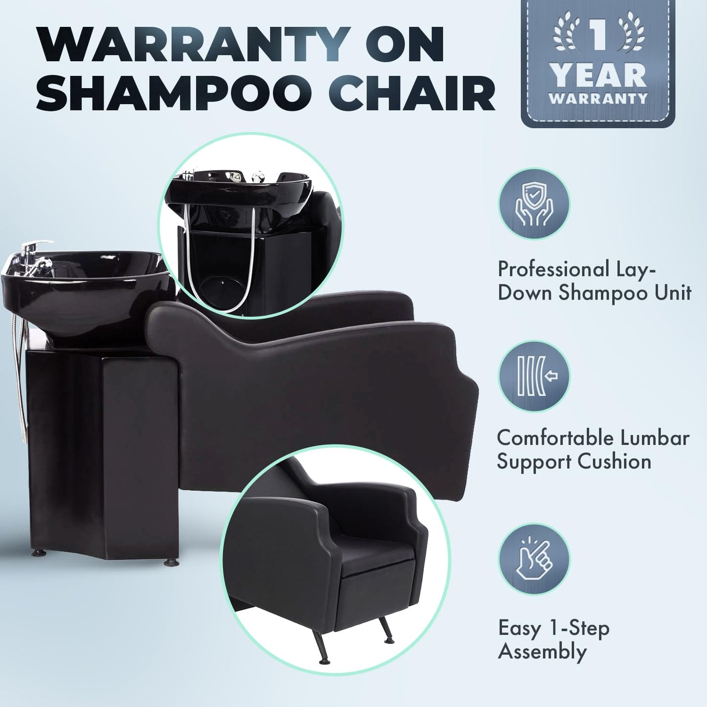 Alice Blue Buy-Rite Oasis Shampoo Backwash Station for Salons - All-Black Chair & Extra-Large Bowl Combo, Single Lever Hot/Cold Faucet, Lumbar Support, Vacuum Breaker, 56"x20"x33.5", TS-8076-BLK