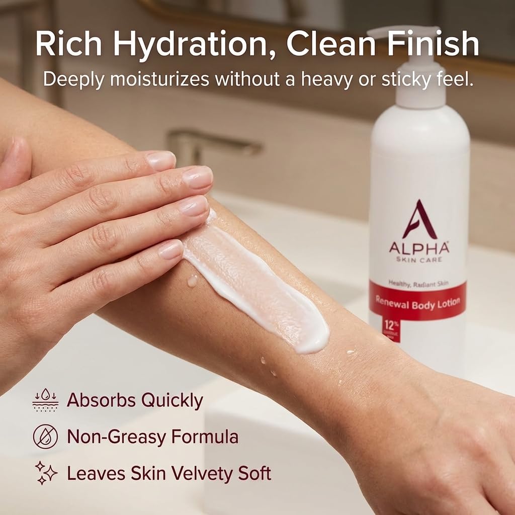 Light Gray Alpha Skin Care Revitalizing Body Lotion, 12% Glycolic AHA, Simple & Effective Daily Moisturizer with Alpha Hydroxy Acid, Hydrates & Exfoliates for Soft, Smooth Skin, Anti-Aging, 12 Oz