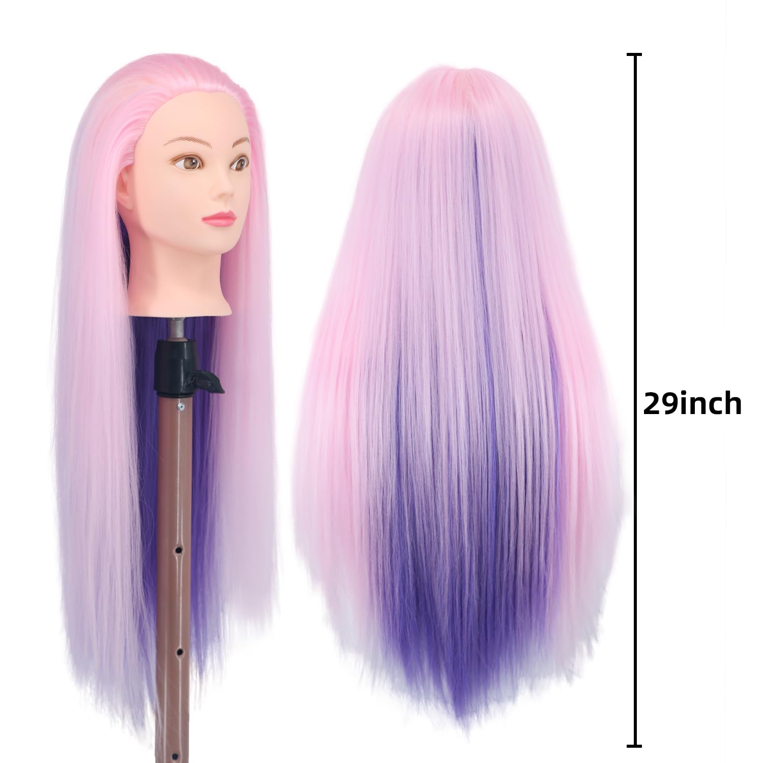 White Smoke Eumos Mannequin Head with Hair, 29'' Doll Head for Hair Styling Training Head Manikin Practice Cosmetology Doll Head Styling Hairdressing Training Braiding Heads with Clamp Holder (Pink Purple)