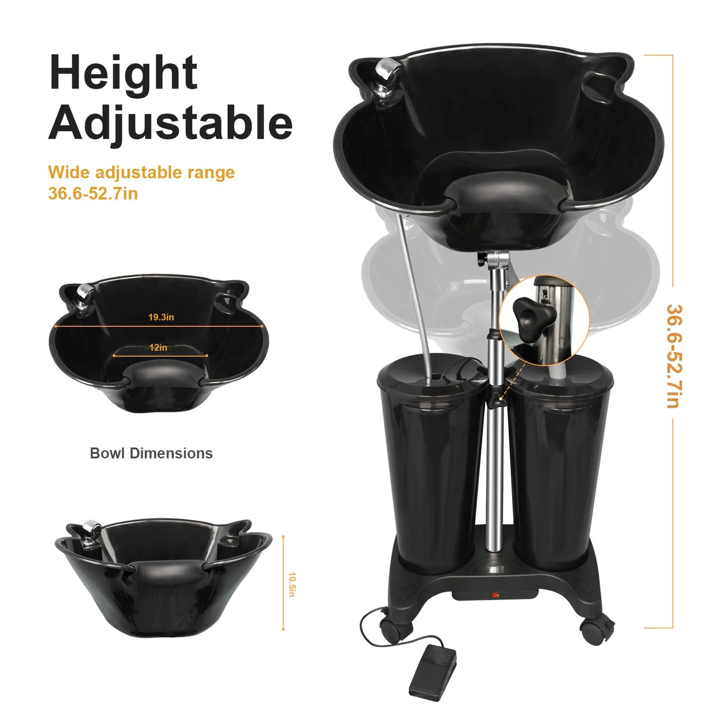 White Smoke Portable Shampoo Bowl with Electric Pump, Rechargable Shampoo Basin with Sprayer and Water Tanks, Mobile Hair Washing Sink, Adjustable Portable Salon Sink for Home Salon Use (Rechargeable)