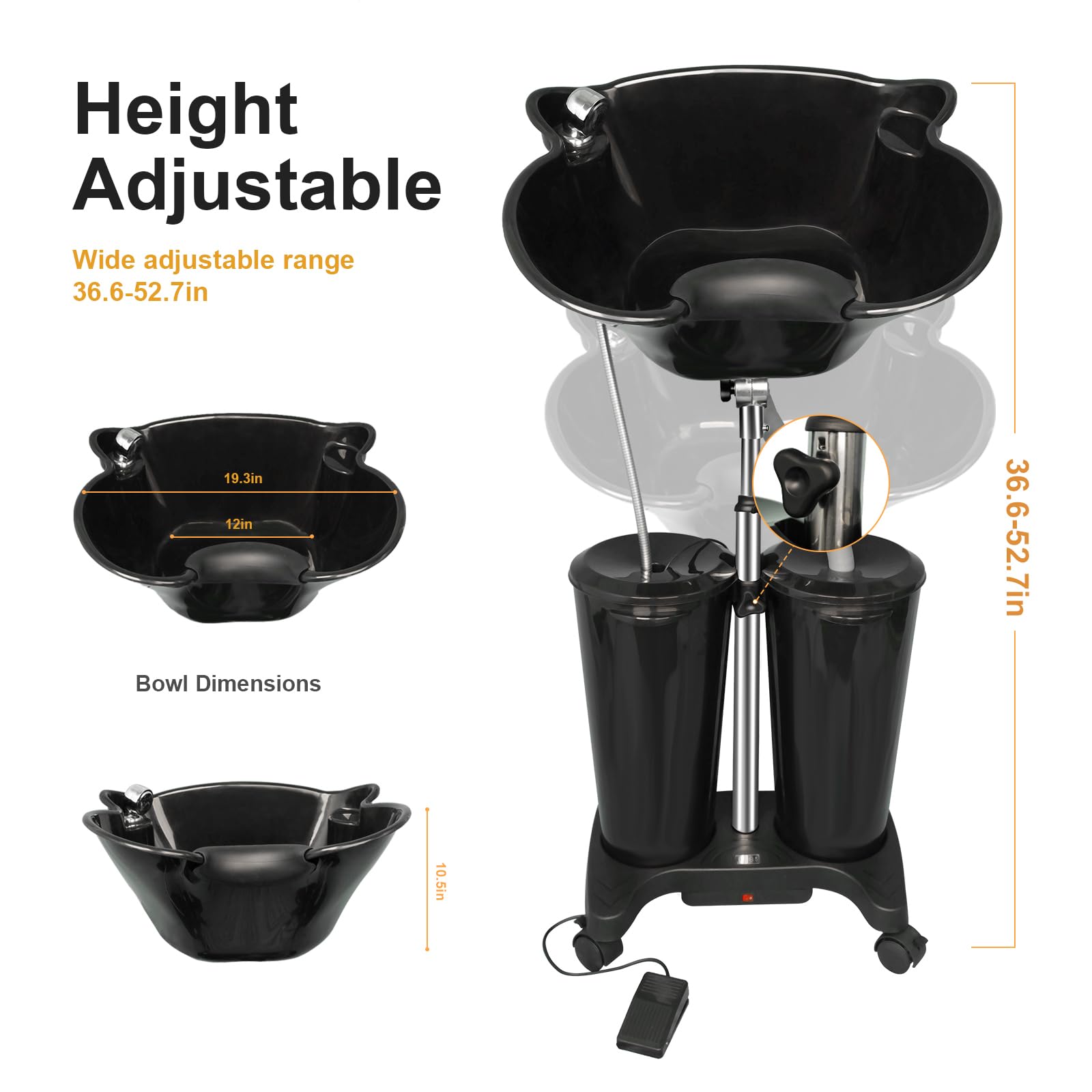White Smoke Portable Shampoo Bowl with Electric Pump, Rechargable Shampoo Basin with Sprayer and Water Tanks, Mobile Hair Washing Sink, Adjustable Portable Salon Sink for Home Salon Use (Rechargeable)