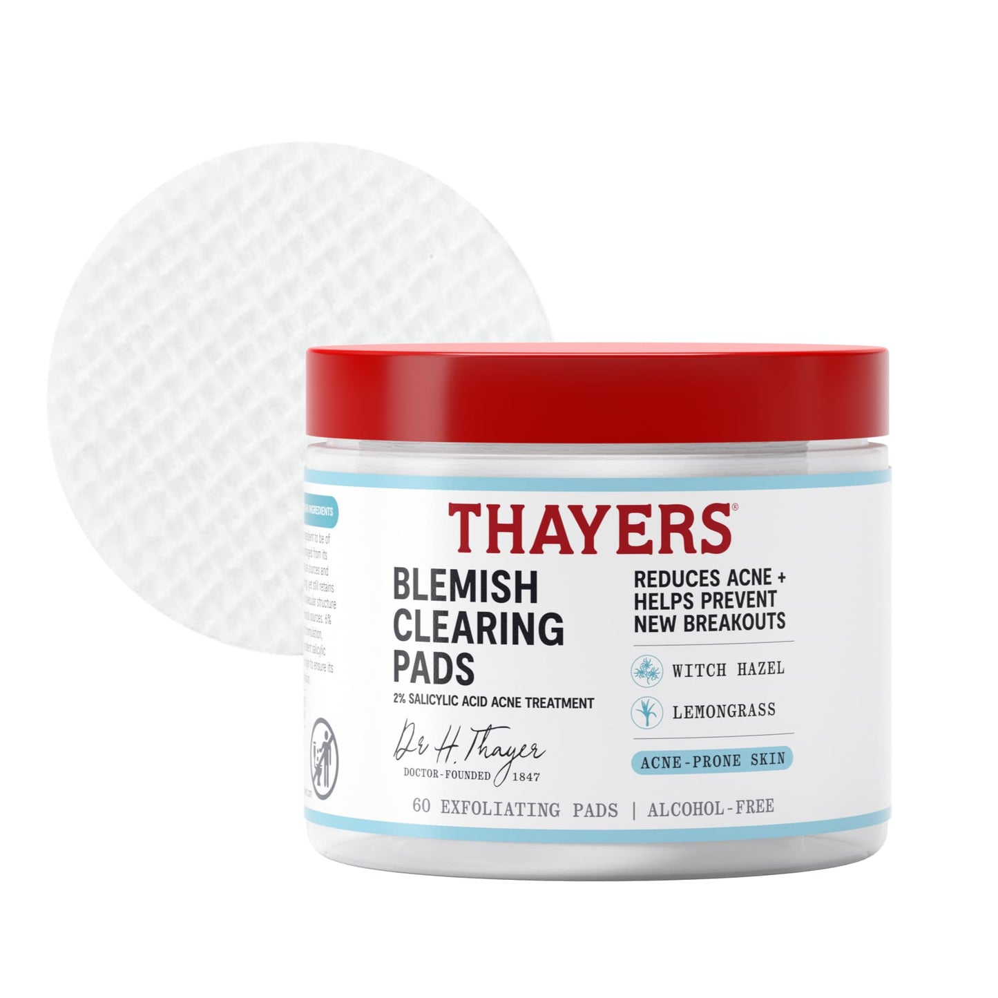 White Smoke Thayers Blemish Clearing Acne Pads, Salicylic Acid Acne Treatment for Face, Pore Reducing, Exfoliating, and Soothing Skincare, Witch Hazel Toner Pads, 60 Ct
