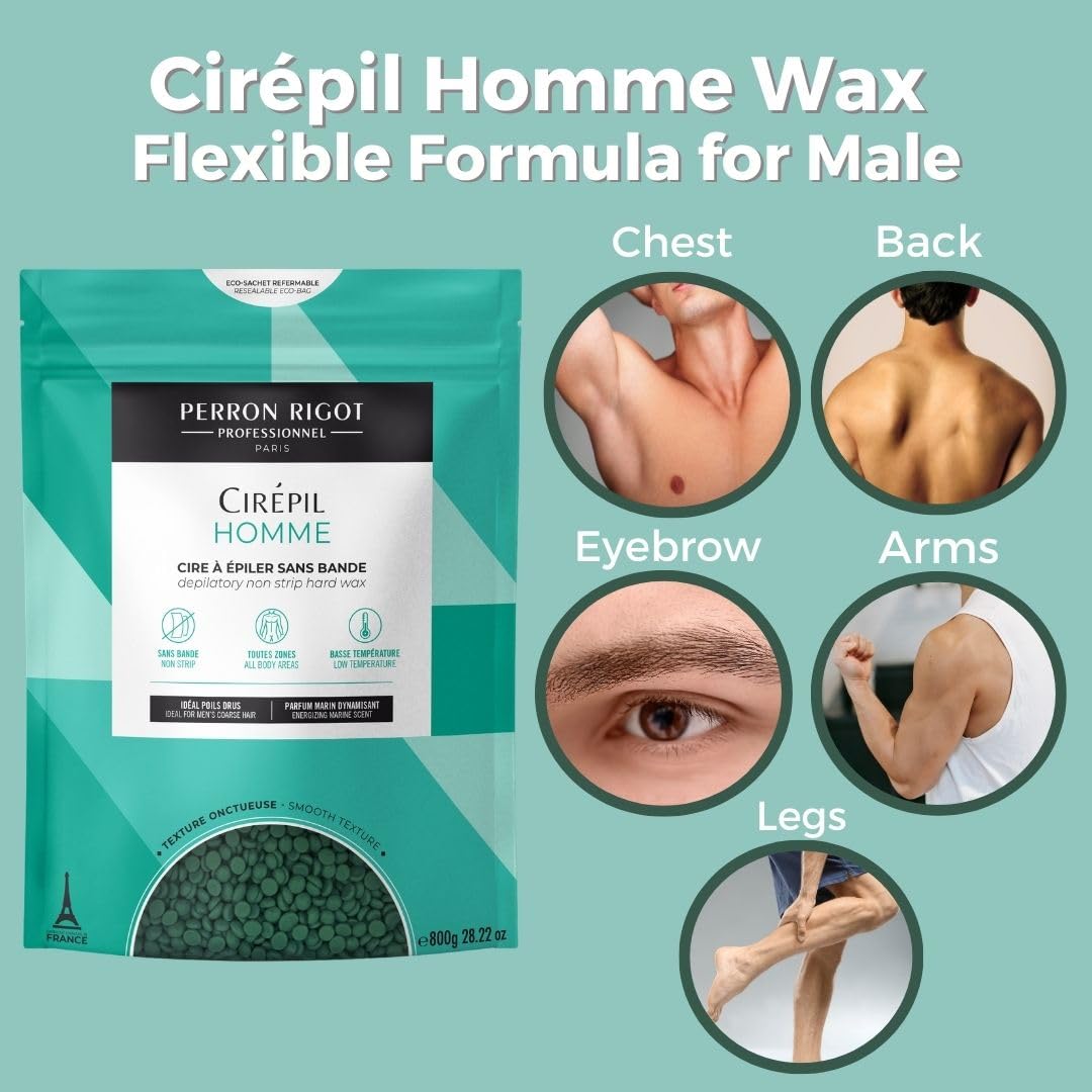 Dark Gray Cirepil - Homme - 800g / 28.22 oz Hard Wax Beads Bag - Strong Grip for Men’s Coarse Hair - Effective Manscaping for Back, Chest & Shoulders - Fresh Marine Scent - Low Temp Refill Bag