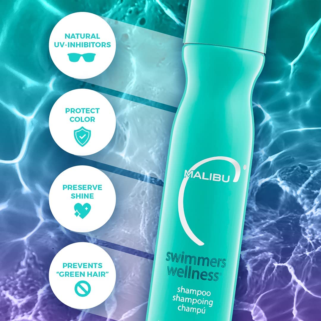 Light Sea Green Malibu C Swimmers Wellness Clarifying Shampoo for Chlorine & Hair Build Up - Adults & Kids Swim Shampoo to Help Protect Against Pool Element Damage, Retain Moisture, Restore Shine & Texture (9 oz)