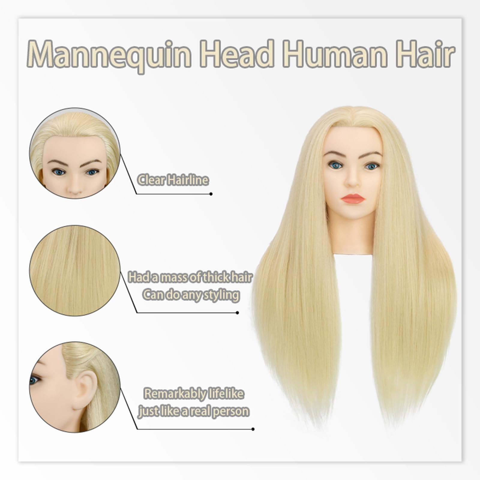 White Smoke Sirydtm 28" Mannequin Head with Human Hair Light Blonde 80% Real Hair Blue Eyes Styling Practice Mannequin Head Doll Head for Cosmetology & Hairdresser with Free Clamp Stand and Tools（613#）