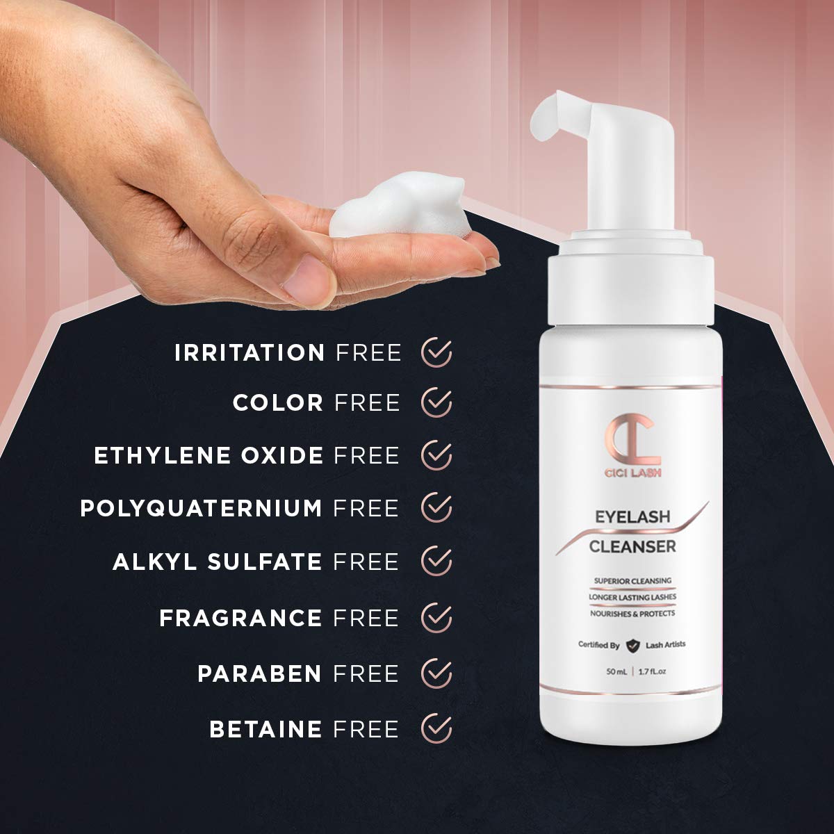 Black Lash Shampoo Foaming Cleanser & Brush (50ml) | Gentle Foam Wash For Eyelash Extensions | Paraben & Sulfate Free | Eyelid Wash & Makeup/Oil Remover | For Home Care & Beauty Salon Supplies