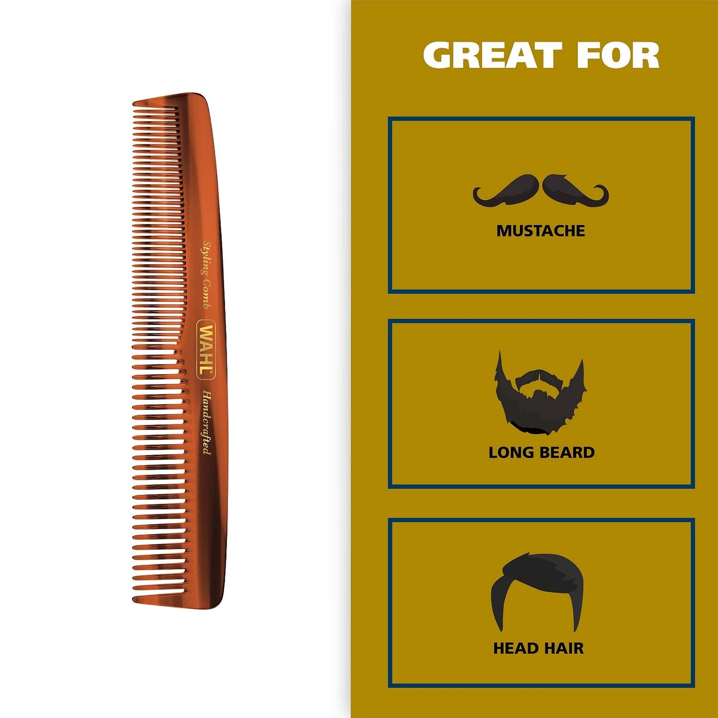 White Smoke Wahl Beard, Mustache, & Hair Styling Comb for Men's Grooming - Handcrafted & Hand Cut with Cellulose Acetate - Smooth, Rounded Tapered Teeth - Model 3328