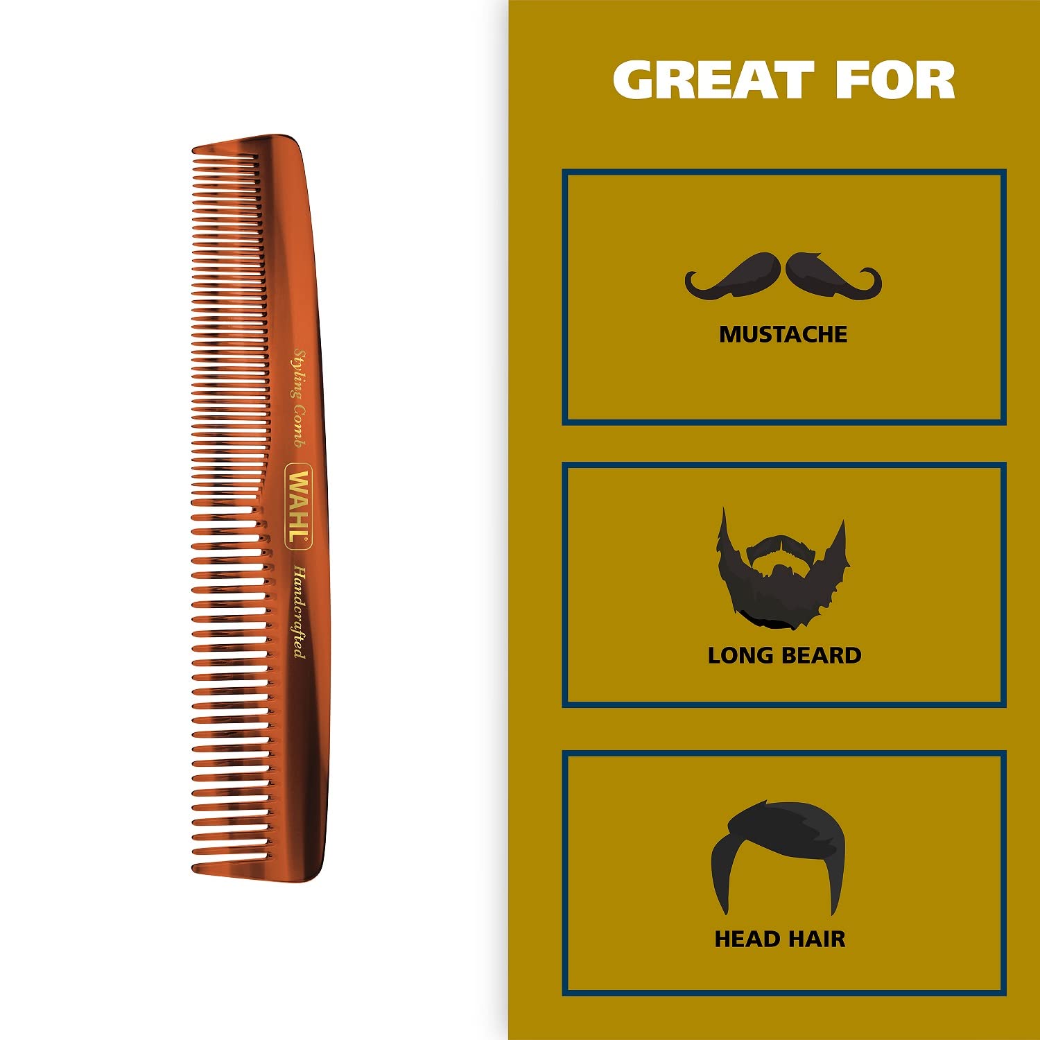 White Smoke Wahl Beard, Mustache, & Hair Styling Comb for Men's Grooming - Handcrafted & Hand Cut with Cellulose Acetate - Smooth, Rounded Tapered Teeth - Model 3328