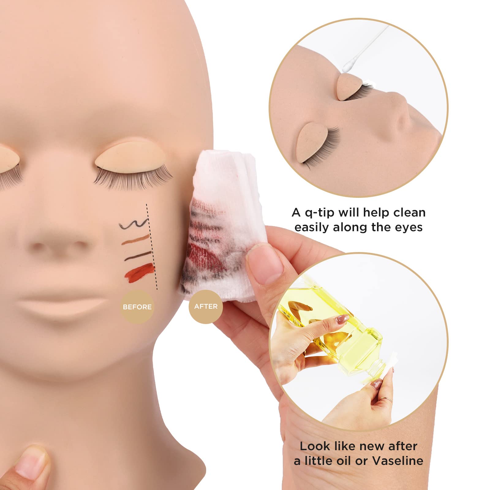 White Smoke LASHVIEW Lash Mannequin Head , with 4 Pairs Replaced Eyelids Practice, Makeup Soft-Touch Rubber, Natural Skin Color