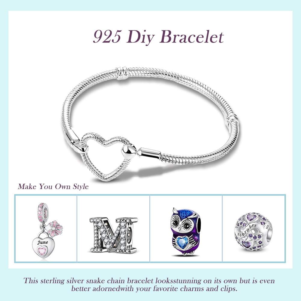 White Smoke ChenYuTe 925 Sterling Silver Snake Chain Bracelet,Compatible with Pandora Charms Pendant,Heart Shape Bracelet Clasp for Womes Jewellery Gift