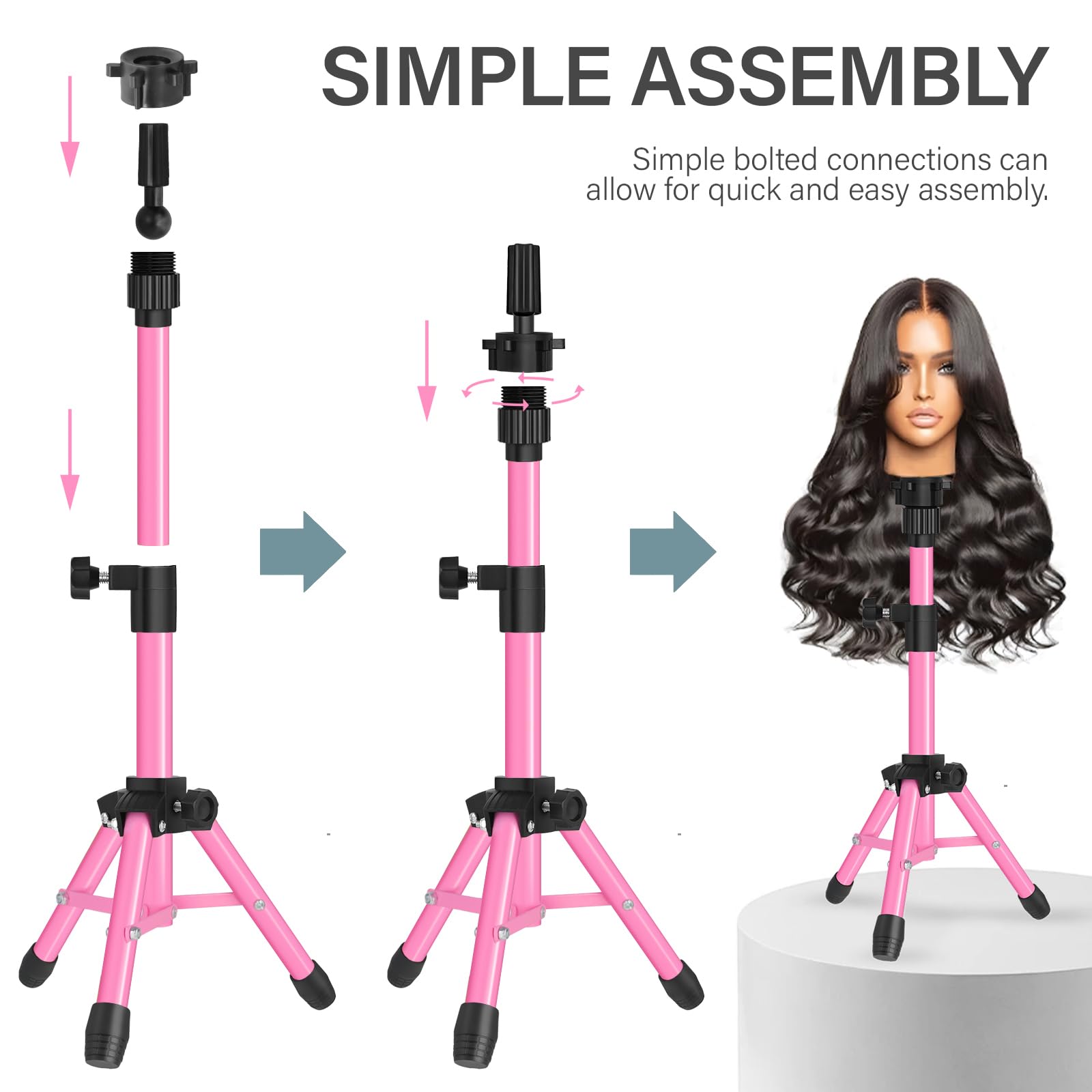 White Smoke AliLeader 25 Inch Mannequin Head Stand Tripod for Mannequin Head Wig Stand Tripod Wig Head Stand for Training Heads and Canvas Block Head (Mannequin Head Not Included,Pink)