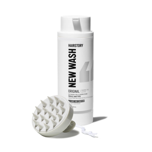 White Smoke Hairstory New Wash Original Fragrance Free with Bonus Scalp Brush – Detergent Free Shampoo for Sensitive Scalp, Sulfate Free, All Hair Types, 8 Fl Oz Refillable Bottle