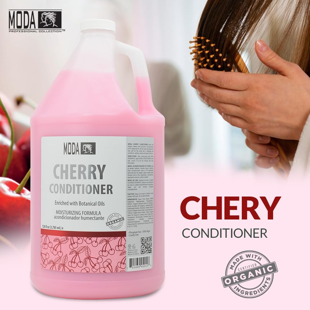Misty Rose MODA Cherry Bulk Salon Conditioner Premium Back-Bar & Amenity Treatment Salon-Grade Luxury at Commercial Scale A 'set it and forget it' 1-Gallon single-SKU solution Repairs the cuticle 128 Oz