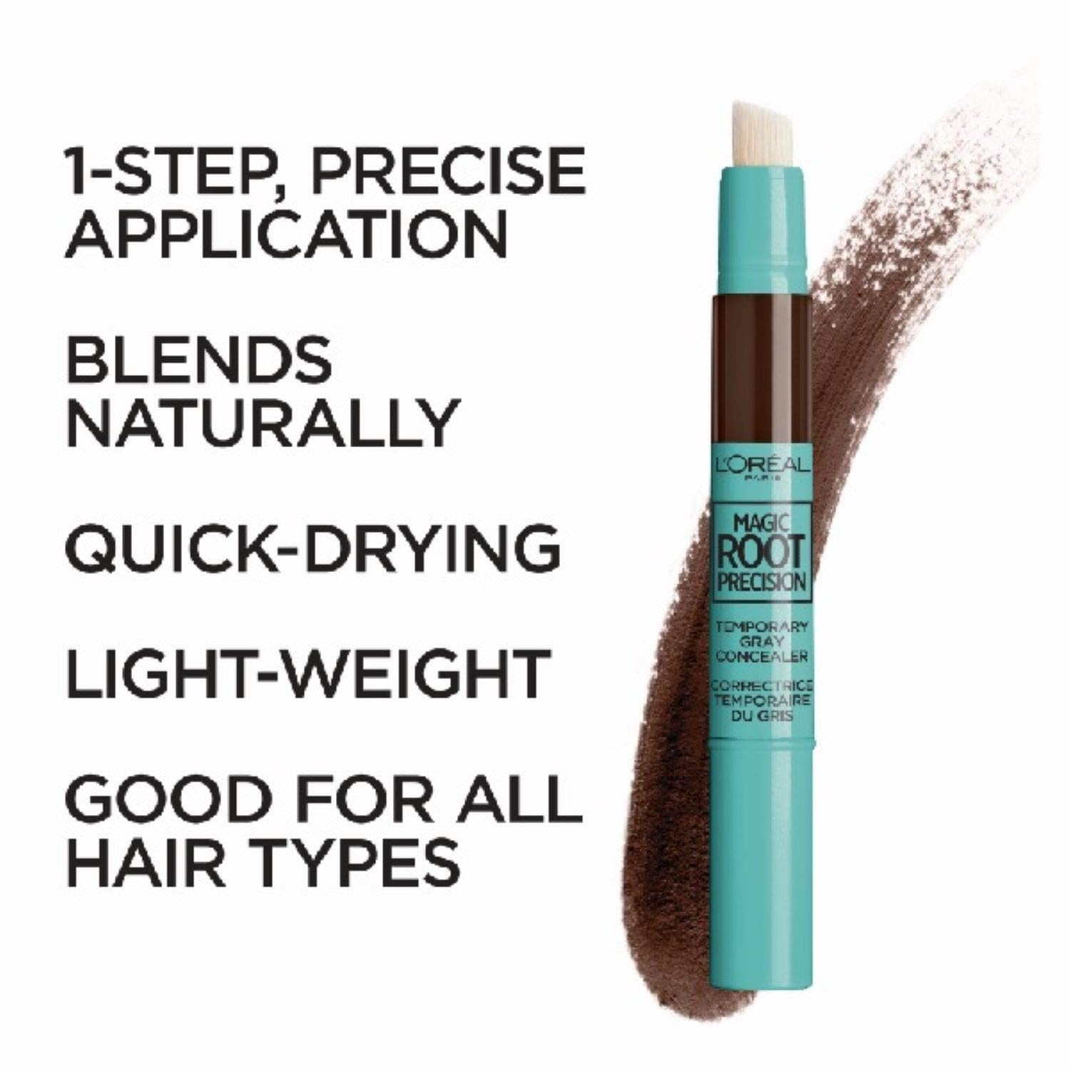 White Smoke L’Oreal Paris Magic Root Precision Temporary Gray Hair Color Concealer Brush, 4 Dark Brown, 0.05 fl; oz.