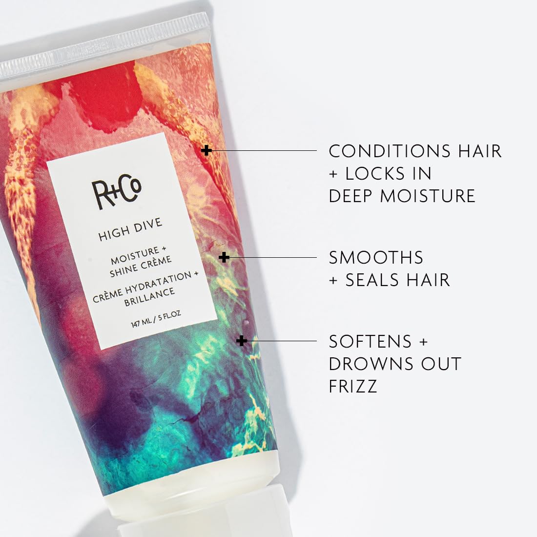 White Smoke R+Co High Dive Moisture and Shine Crème | Deep Hydration + Softens + Eliminates Frizz | Vegan + Cruelty-Free | 5 Oz