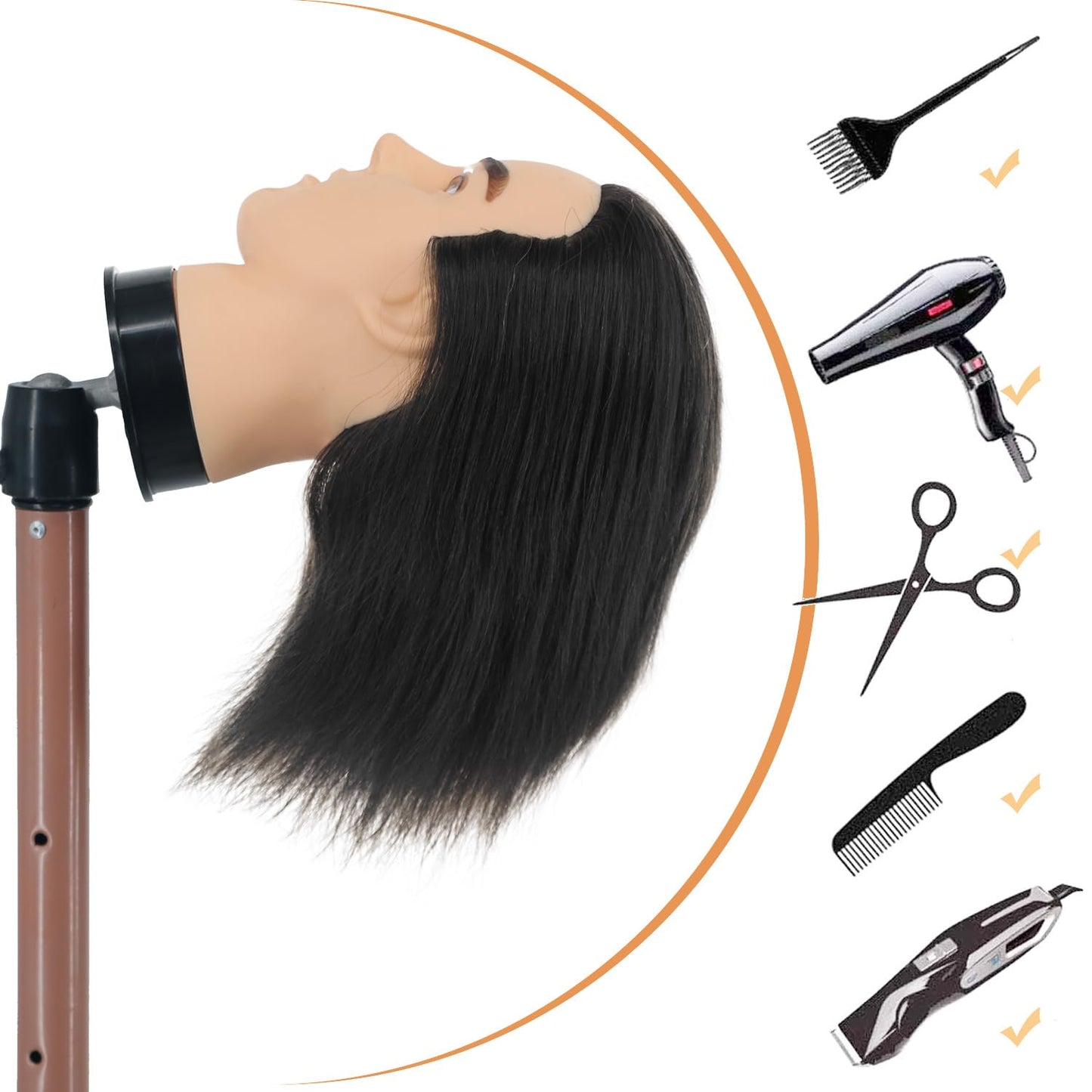 White Smoke Barber Mannequin Head - 12'' Practice Head with Human Hair, Clamp Stand for Hairdresser Cutting & Styling
