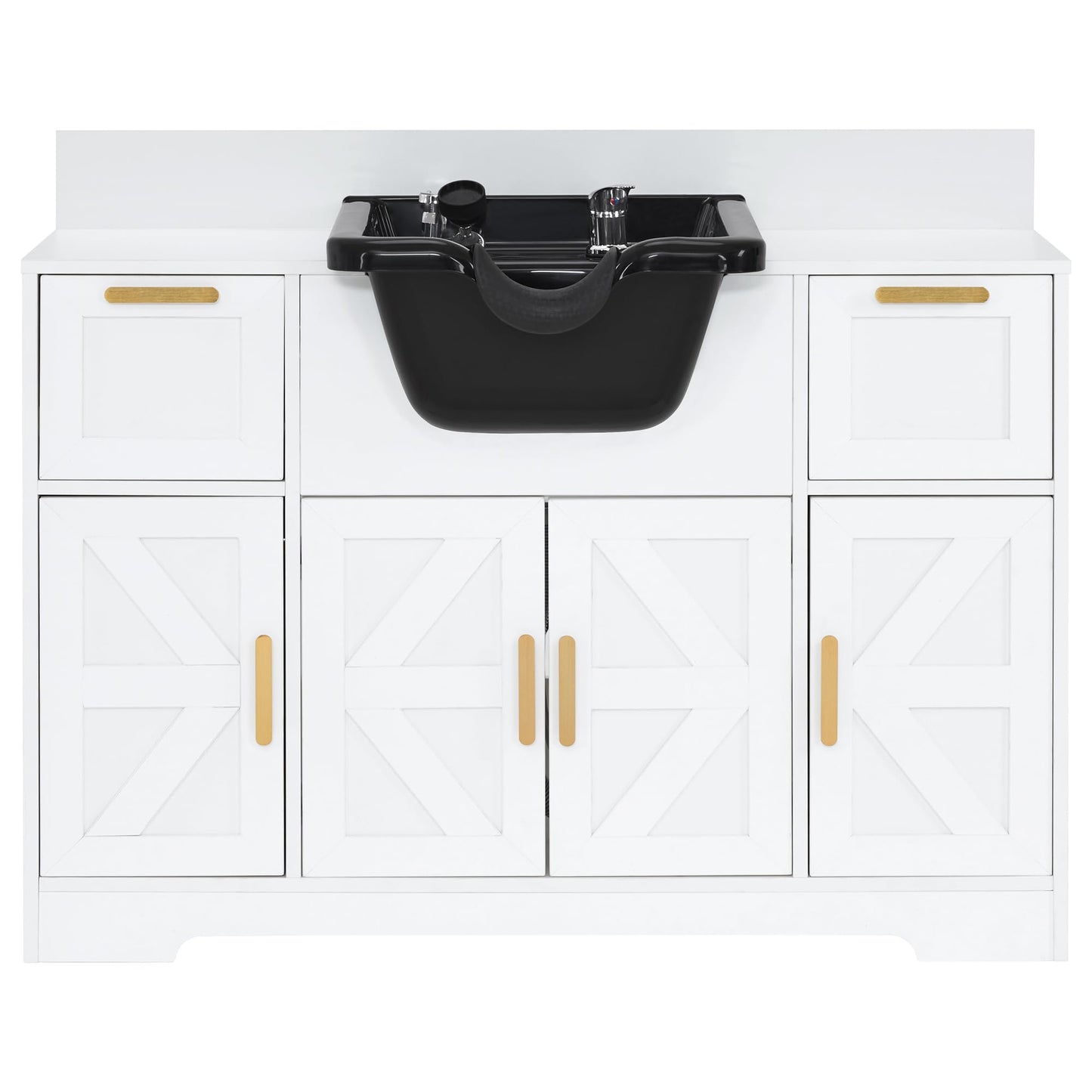 White Smoke BarberPub Portable Shampoo Station, Shampoo Bowl with Cabinet & Drawer, Salon Geometric Finish Station with Sprayer Faucet, Barber Storage Equipment with Hair Wash Backwash Sink 3439 (White & Black)