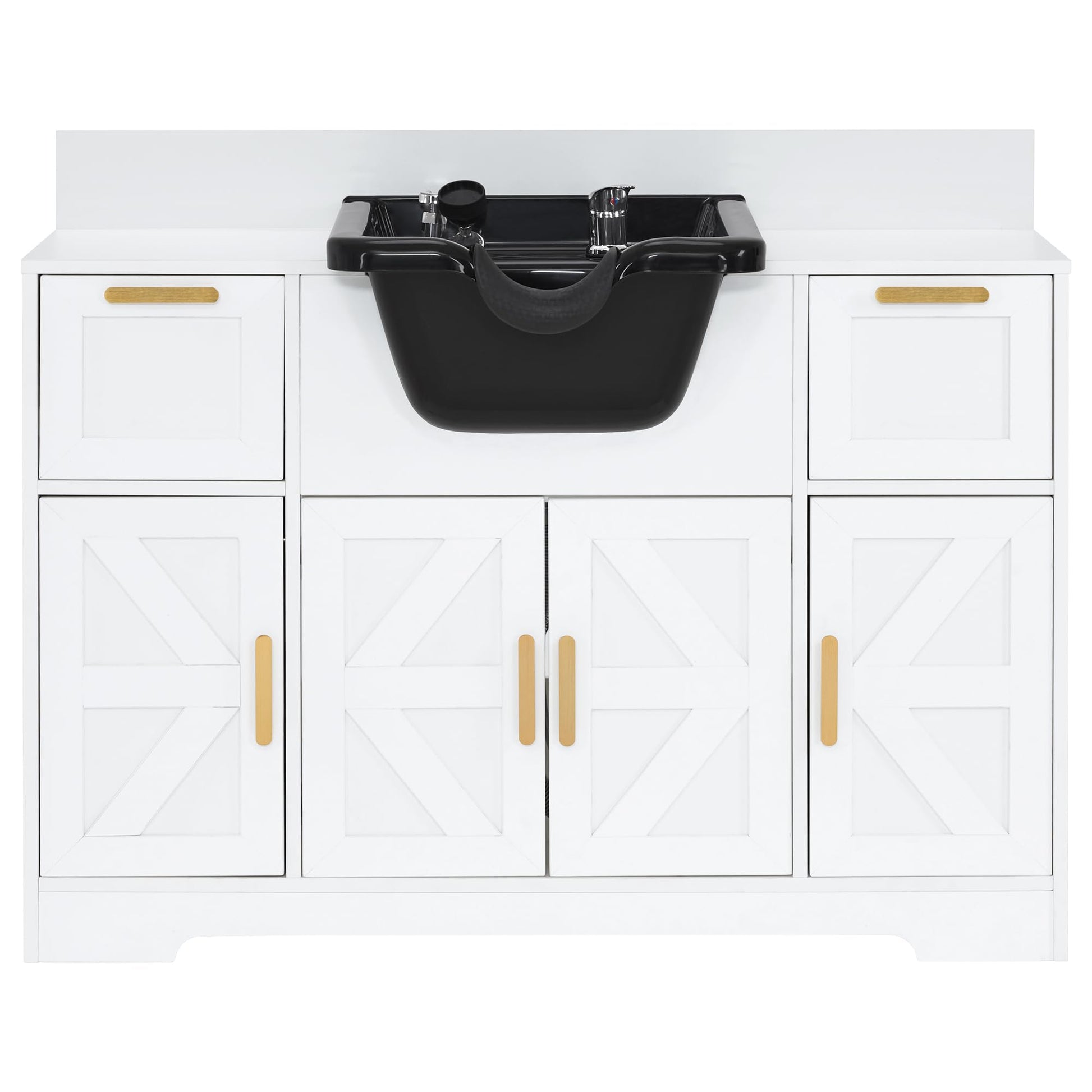 White Smoke BarberPub Portable Shampoo Station, Shampoo Bowl with Cabinet & Drawer, Salon Geometric Finish Station with Sprayer Faucet, Barber Storage Equipment with Hair Wash Backwash Sink 3439 (White & Black)