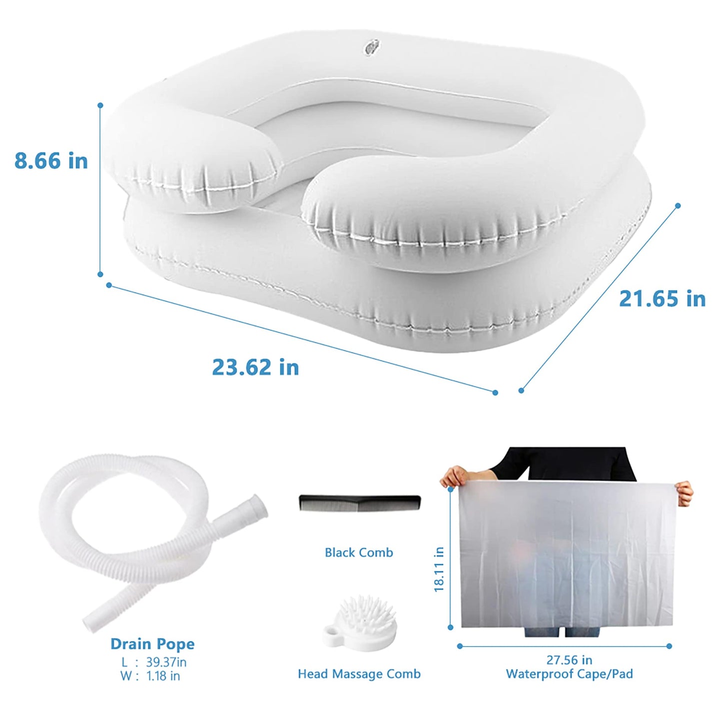 White Smoke Inflatable Shampoo Basin for Bedside, Shampoo Tub for Locs, Portable Shampoo Bowl for Elderly, Disabled, Pregnant, Injured, Bedridden, Handicapped, Hair Washing Tray for Sink at Home (White)