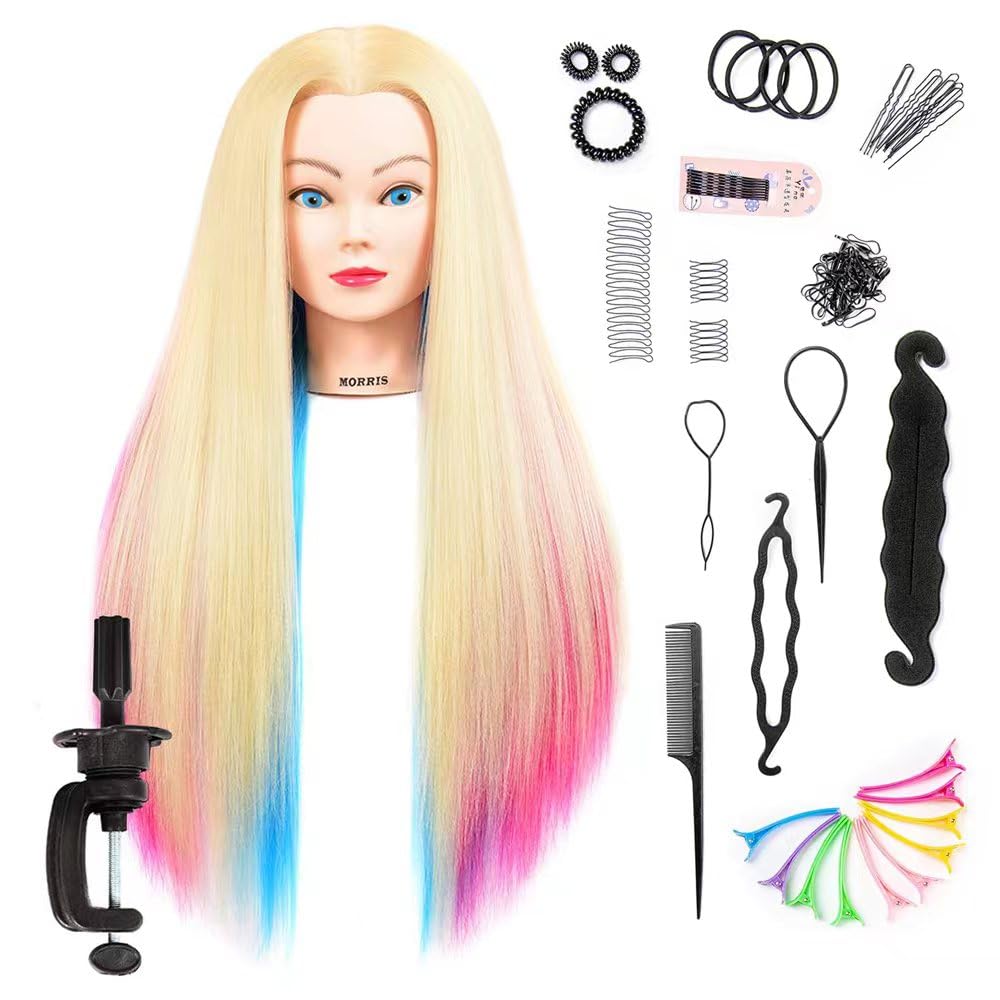 White Smoke Mannequin Head with Long Synthetic Fiber Colorful Hair Styling Training Head 26-28inch Manikin Cosmetology Doll Head Hairdressing Training Model for Cutting Braiding Practice and Free Clamp Holder
