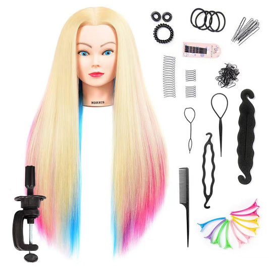 White Smoke Mannequin Head with Long Synthetic Fiber Colorful Hair Styling Training Head 26-28inch Manikin Cosmetology Doll Head Hairdressing Training Model for Cutting Braiding Practice and Free Clamp Holder