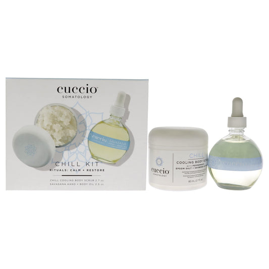 White Smoke Cuccio Somatology Chill Kit - Gently Exfoliates - Soothes and Hydrates Skin - for Yourself or Loved Ones - Paraben Free - Includes Cooling Body Scrub and Hand and Body Oil - 2 pc