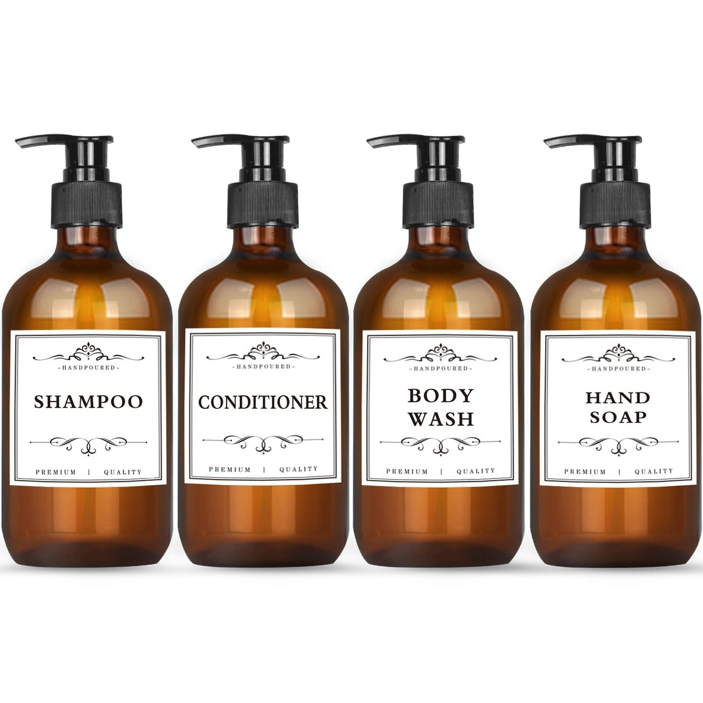 White Smoke 4 Pack 16.9 Oz Shampoo and Conditioner Hand Soap Dispenser Refillable Pump Bottles with Waterproof Labels (Amber)