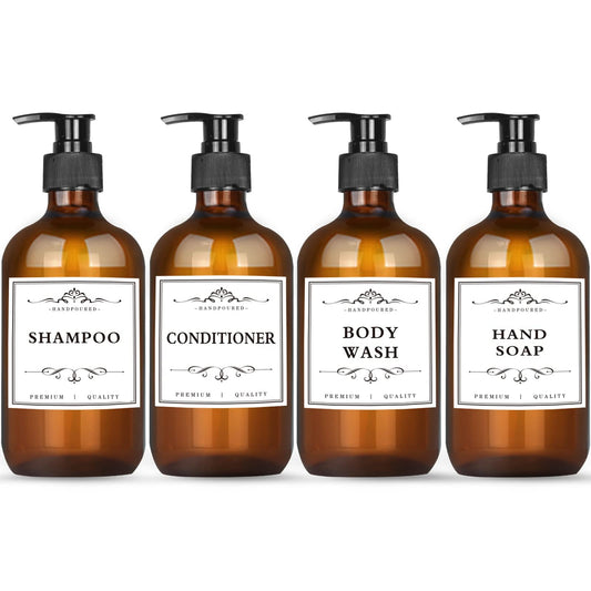 White Smoke 4 Pack 16.9 Oz Shampoo and Conditioner Hand Soap Dispenser Refillable Pump Bottles with Waterproof Labels (Amber)