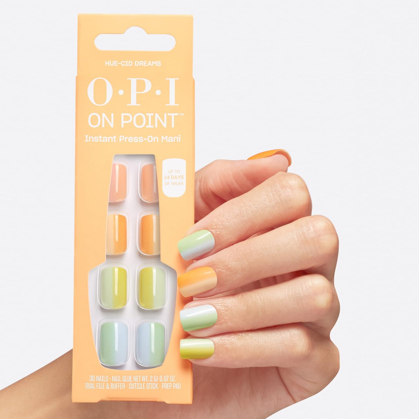 White Smoke OPI On Point Hue-cid Dreams | Short Squoval Pastel Rainbow Nail Art Press On Nails | 30 Count with Nail Glue | Long Lasting, Reusable, Non-damaging