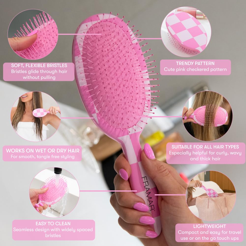 Thistle FRAMAR Checkered Hair Brush Detangler – Wet Hair Brushes For Women, Womens Hair Brush, Hair Accessories, Hairbrush For Women, Cepillos Para Cabello, Reduces Breakage – Detangle Brush - Pink