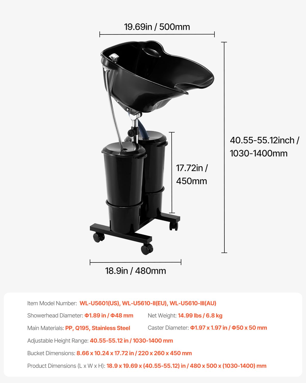 White Smoke VEVOR Portable Shampoo Bowl, Shampoo Sink for Washing Hair with Electric Pump, Includes 2 Buckets 2 Showerheads, Drain Hose, Height and Angle Adjustable Portable Wash Bowl for Home Salon Use, Black
