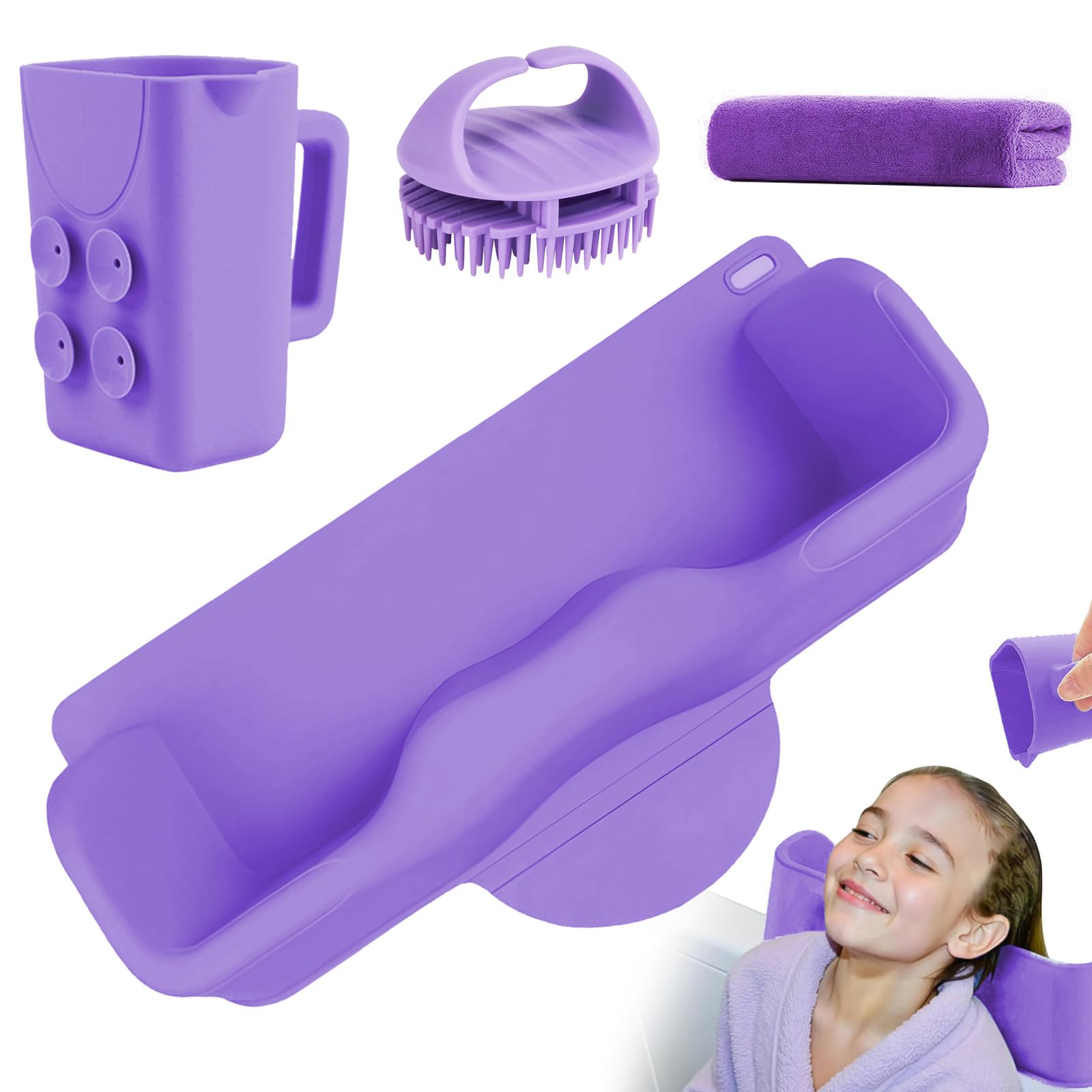 White Smoke Vurlexat Portable Hair Washing Station for Kids, Silicone Hair Wash Basin with Suction Rinse Cup, Tear-Free Shampoo Bowl with Absorbent Towel and Shampoo Massage Brush for Sink or Bathtub(Purple)