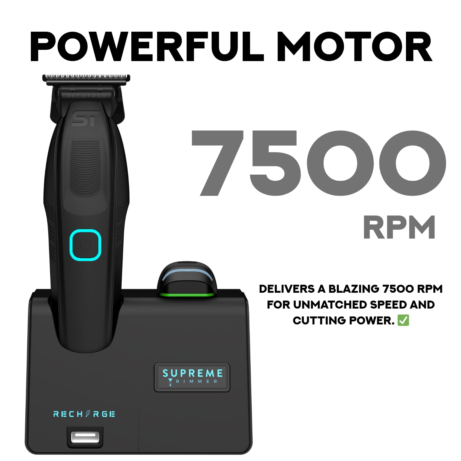 White Smoke Supreme Trimmer Recharge ST777 – Professional Barber Trimmer with 2 Removable Batteries | 8000 RPM Motor, Zero Gap DLC Blades, Smart Charging Dock, USB-C Fast Charge