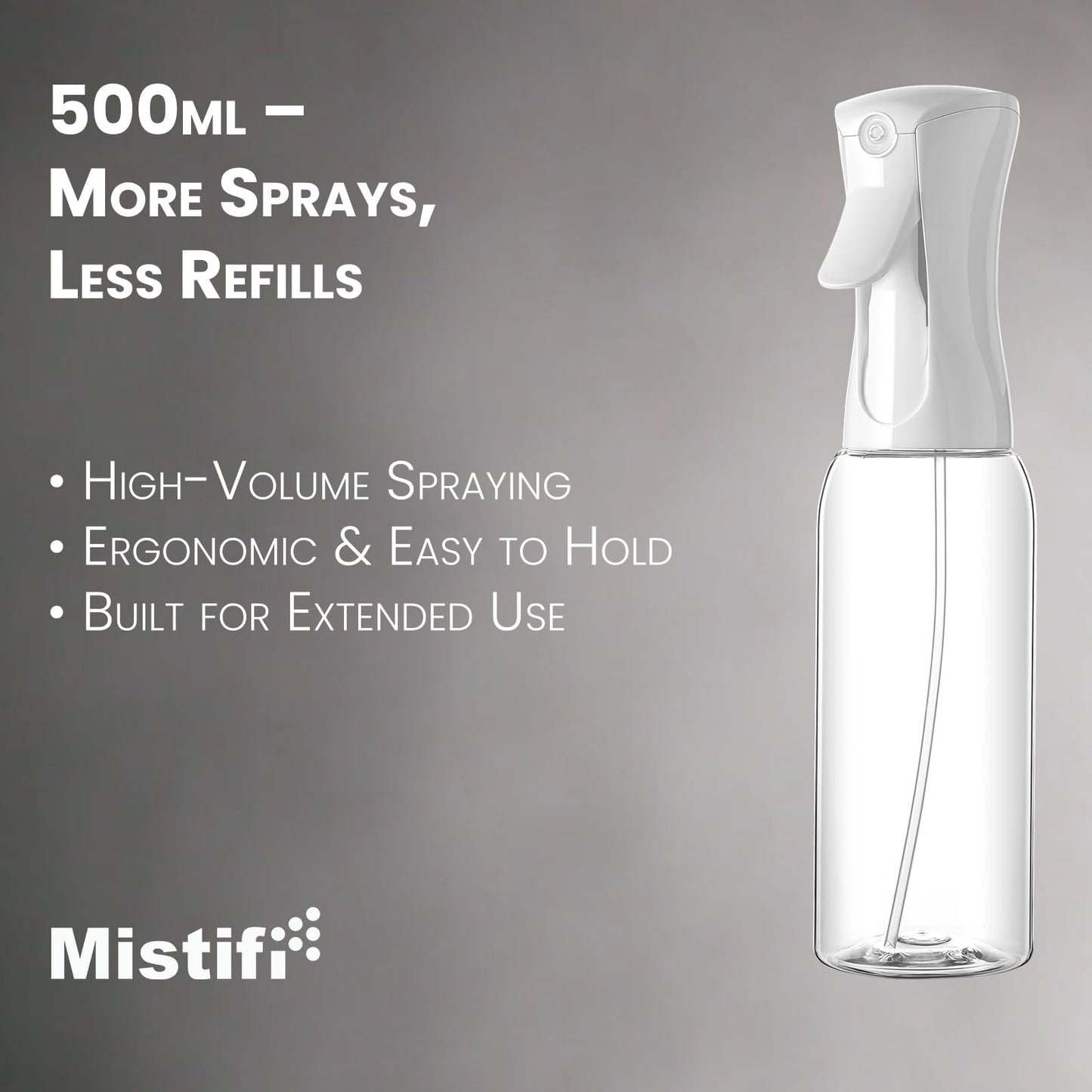Dark Gray Mistifi Continuous Mist Spray Bottle – Ultra Fine Refillable Water Mister for Hair, Plants, Cleaning, Skincare, Salon & Home Use　(500ml 2Pcs, Transparent bottle)