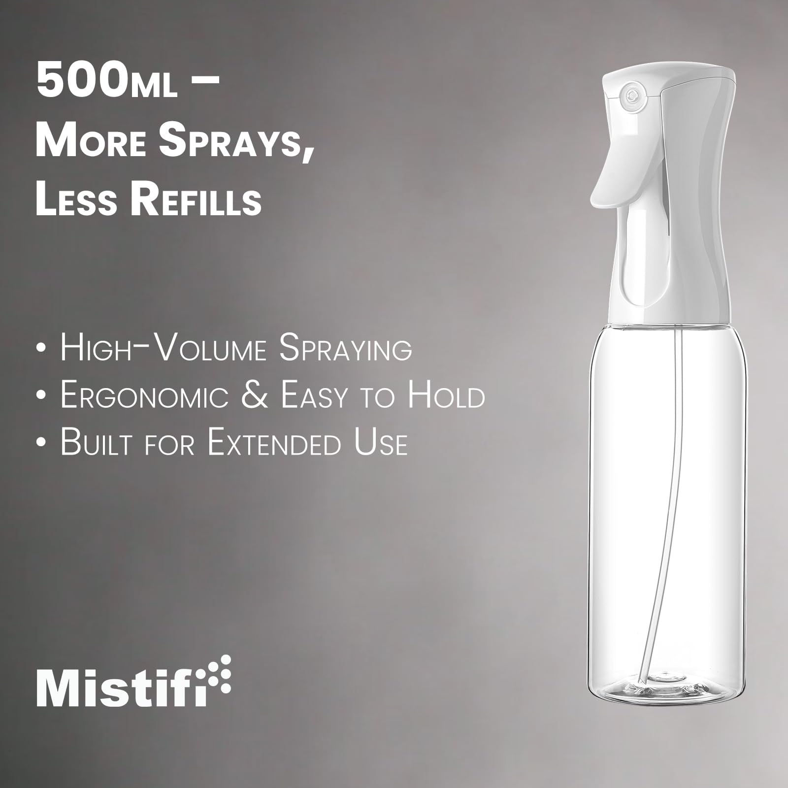 Dark Gray Mistifi Continuous Mist Spray Bottle – Ultra Fine Refillable Water Mister for Hair, Plants, Cleaning, Skincare, Salon & Home Use　(500ml 2Pcs, Transparent bottle)