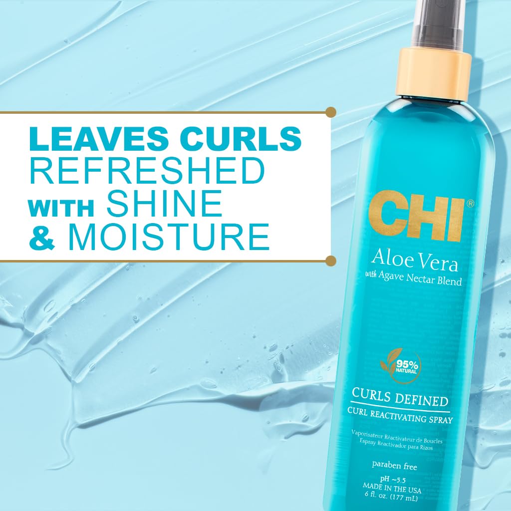 Pale Turquoise CHI Aloe Vera Curl Reactivating Spray, Enhances Waves, Curls, & Coils, Provides Intense Hydration, Sulfate, Paraben & Gluten Free, 6 Oz