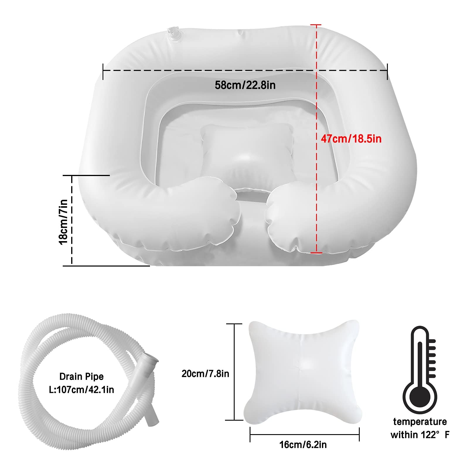 White Smoke Inflatable Shampoo Basin, Portable Bedside Shower for Injured, Elderly, Bed-Bound, Handicapped - Wash Hair in Bed, Easily Clean