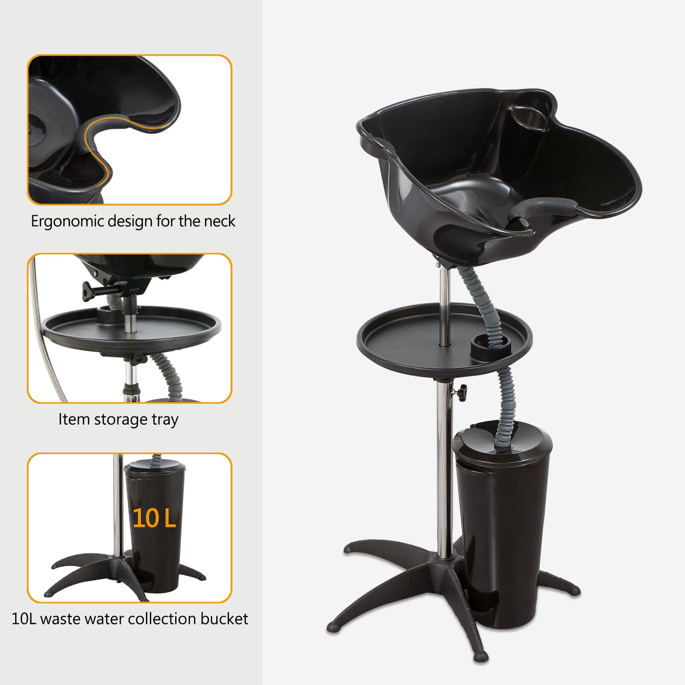 White Smoke Portable Shampoo Bowl (Pack of 1) | Adjustable Basin Height,One-Bucket Design with Drain Hoses | Home & Barber Use | Black