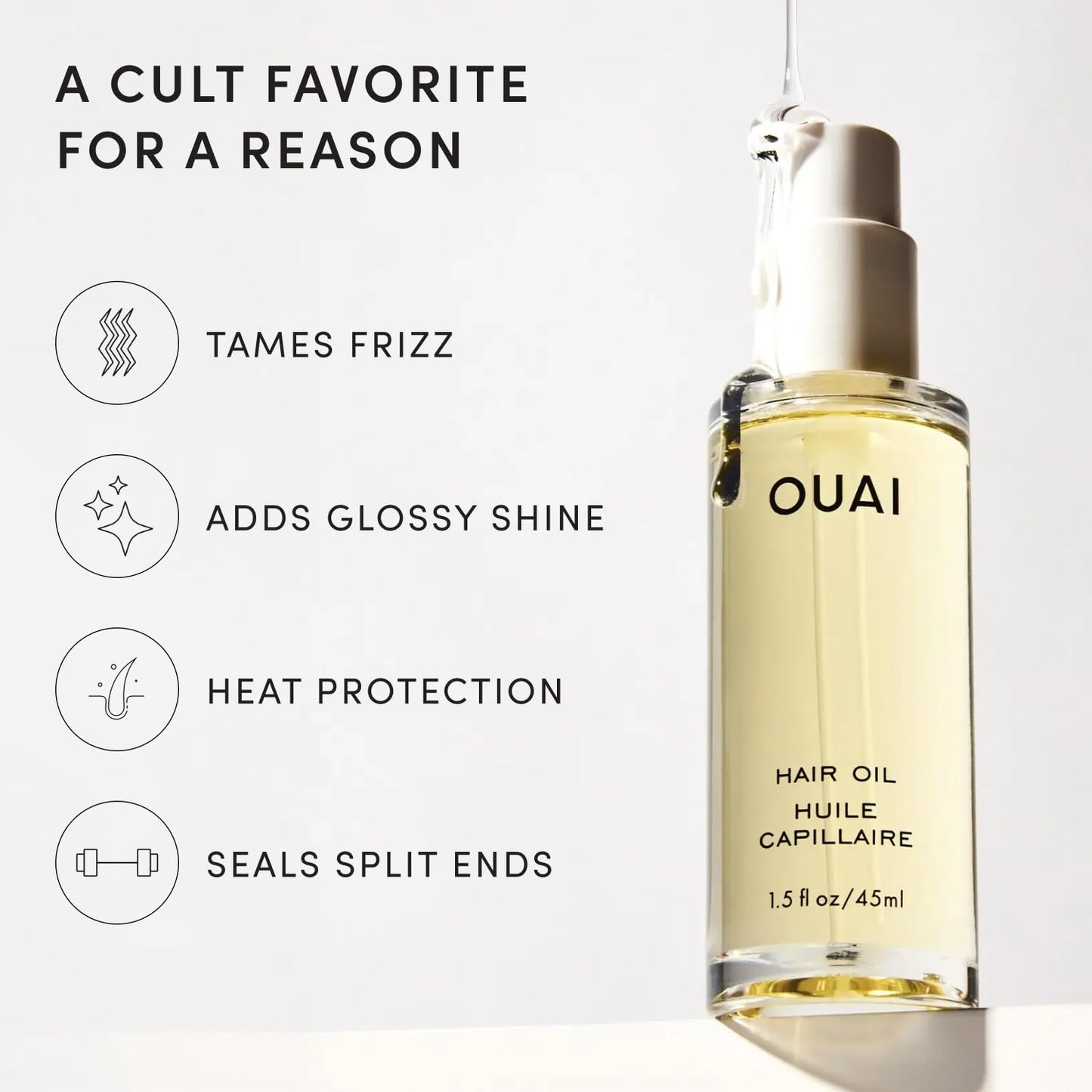 White Smoke OUAI Hair Oil - Hair Heat Protectant Oil for Frizz Control - Adds Shine and Smooths Split Ends - Color Safe Formula - Paraben, Phthalate and Sulfate Free (1.5 fl oz)