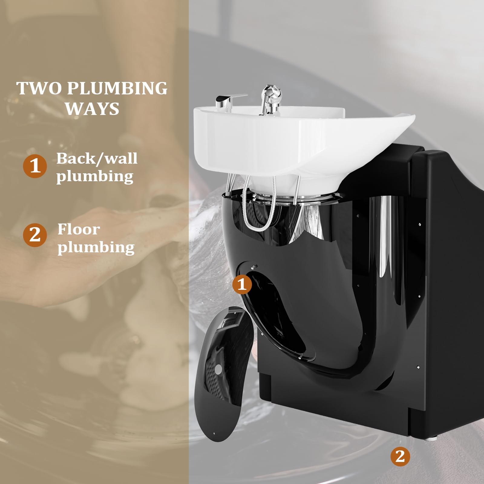 Rosy Brown OmySalon Shampoo Sink for Salon, Hair Wash Chair with White Porcelain Shampoo Bowl, Electric Shampoo Station Backwash Barber Chair, Beauty Spa Massage Hairdressing Equipment