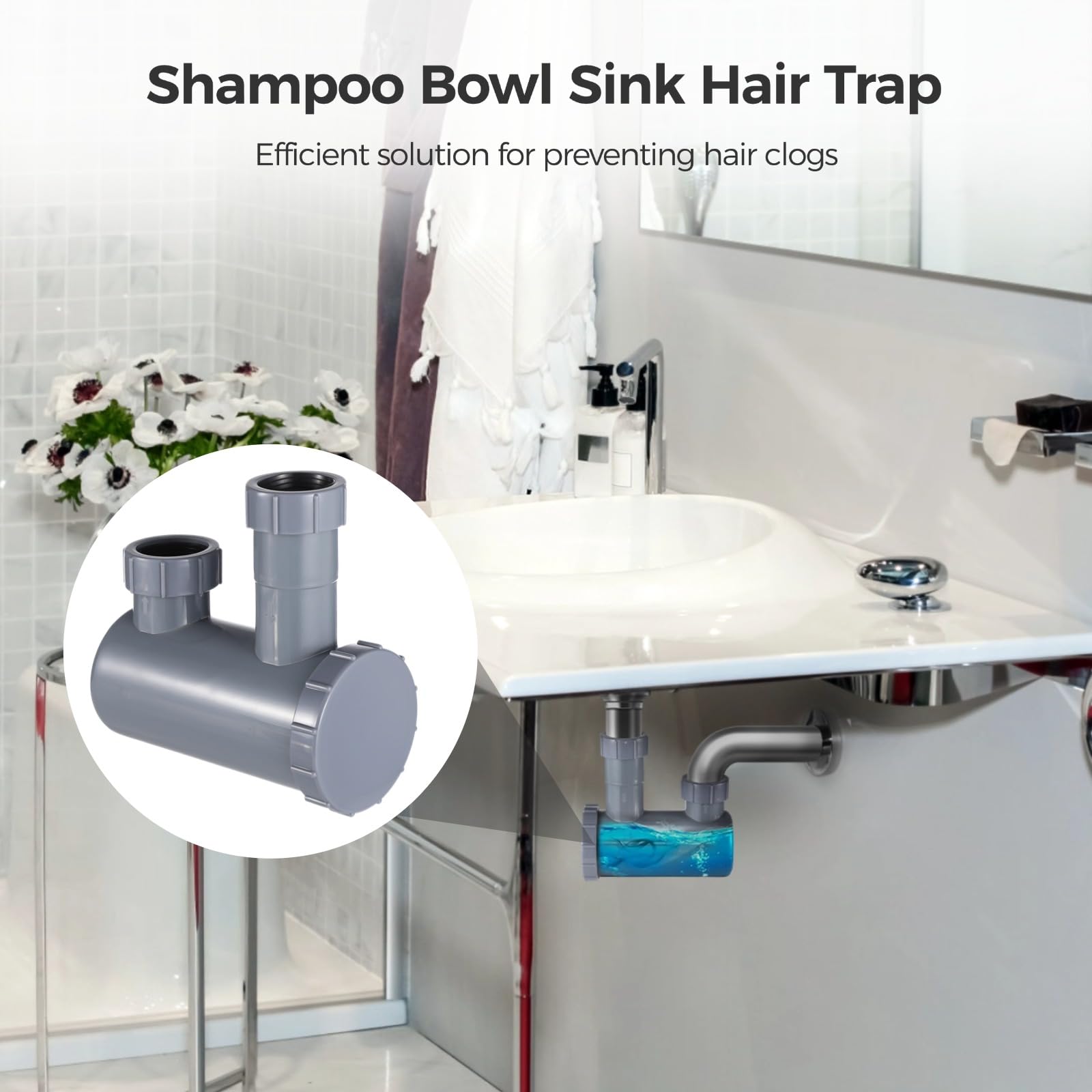 White Smoke Toyosport Universal Shampoo Bowl Sink Hair-P Trap, 1-1/2 in Sink Hair Cather for Bathroom Salon, Leakproof Seal, Removable End Cap, Easy Installation