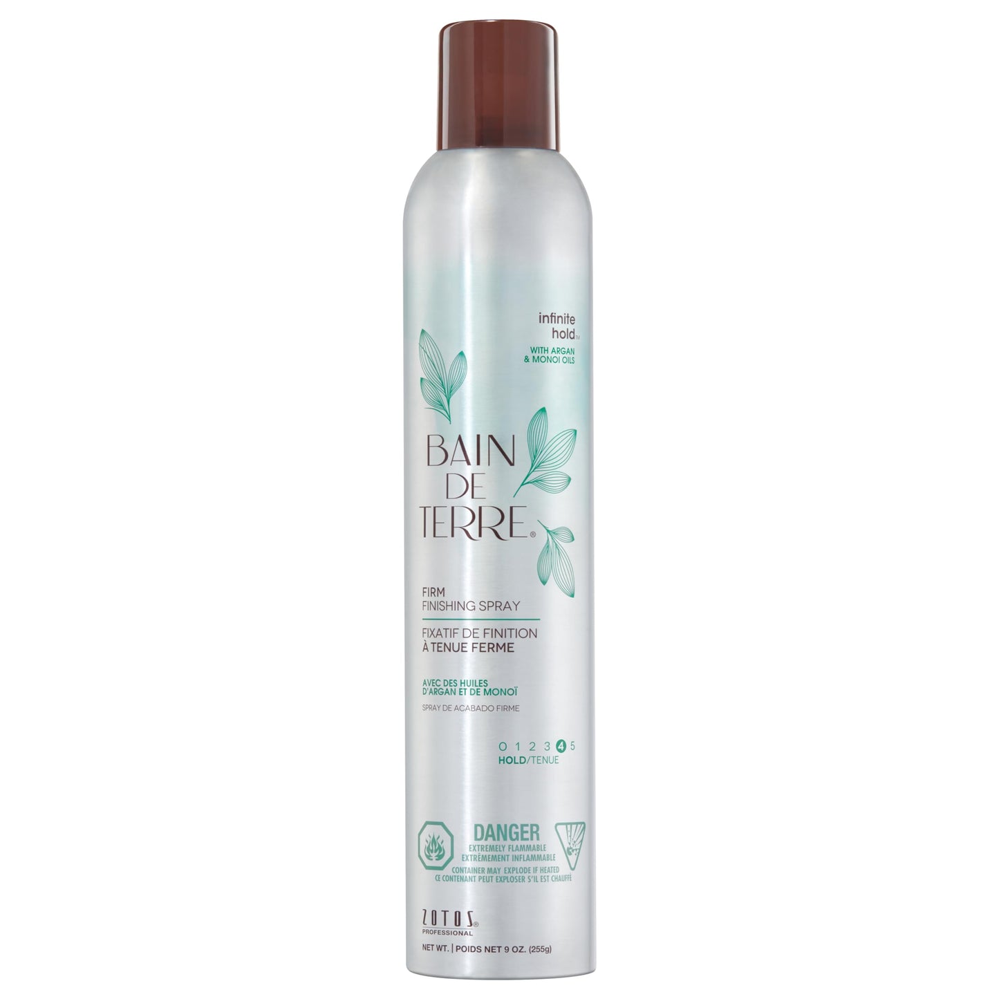 Light Gray Bain de Terre Infinite Hold Firm Finishing Spray, Lasting Control & Shine, Heat & Humidity Protection with Argan & Monoi Oils, Paraben-Free, Color-Safe, Vegan, 9.1 Fl Oz