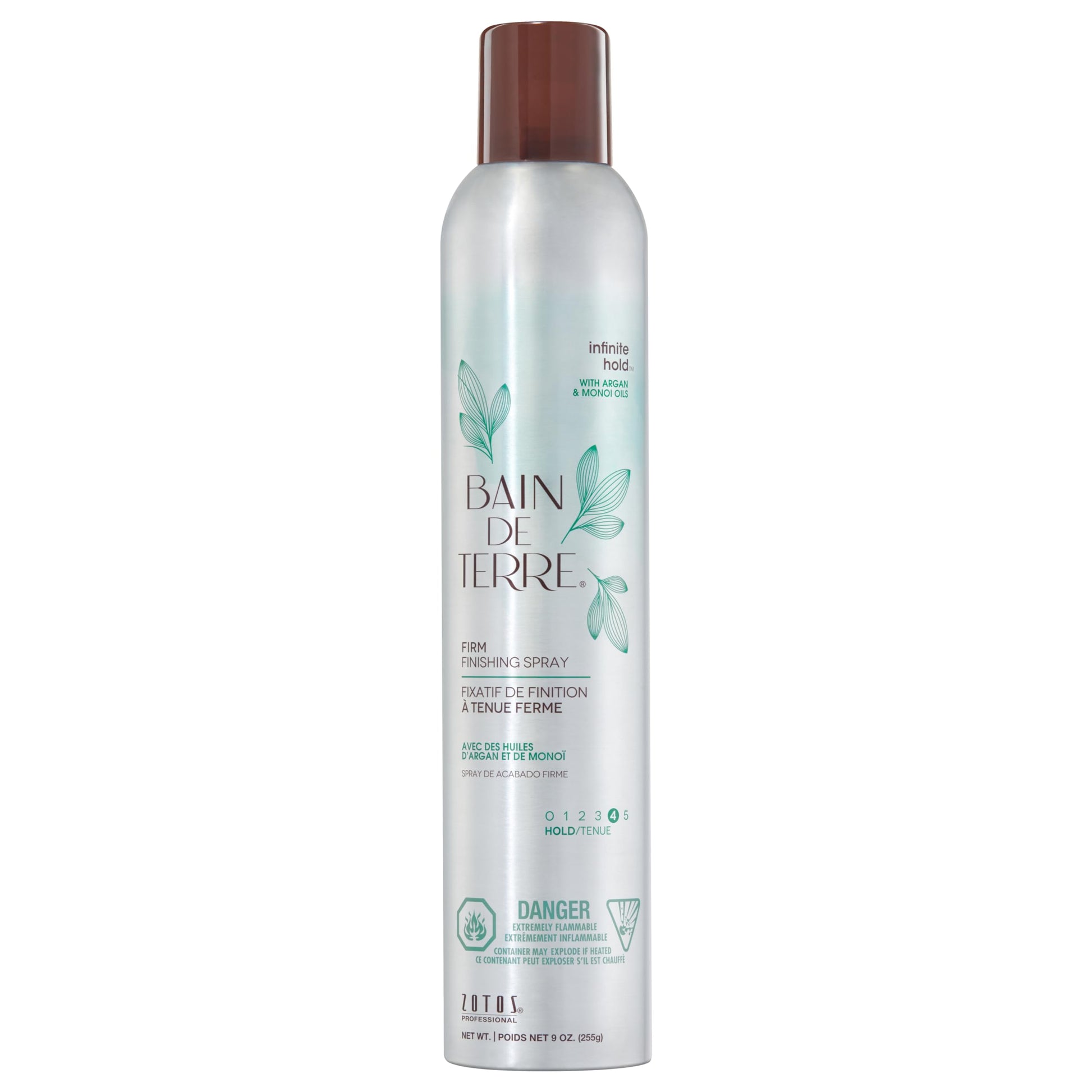 Light Gray Bain de Terre Infinite Hold Firm Finishing Spray, Lasting Control & Shine, Heat & Humidity Protection with Argan & Monoi Oils, Paraben-Free, Color-Safe, Vegan, 9.1 Fl Oz