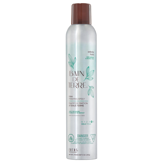 Light Gray Bain de Terre Infinite Hold Firm Finishing Spray, Lasting Control & Shine, Heat & Humidity Protection with Argan & Monoi Oils, Paraben-Free, Color-Safe, Vegan, 9.1 Fl Oz