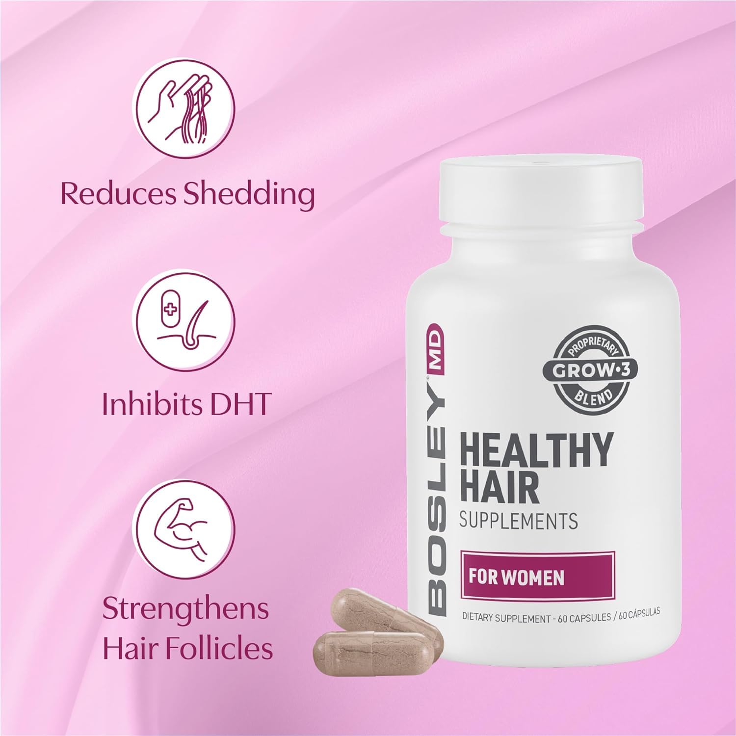 Misty Rose BosleyMD Women’s Healthy Hair Growth Supplements for Thicker, Fuller Hair– DHT-Blocking Botanicals with Biotin, Niacin, Zinc & L-Lysine – Rich in Vitamins & Minerals – 60 Capsules (2-Month Supply)