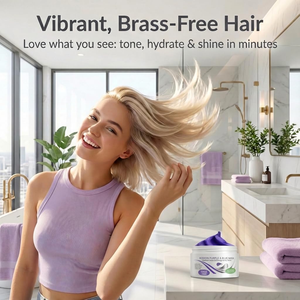 Light Gray VITAMINS hair cosmetics Keratin Purple Hair Mask - Blue Hair Mask Deep Conditioner Treatment - Blonde Toner to Neutralize Brassiness in Brassy Blonde, Silver, White, Gray & Brown Locks