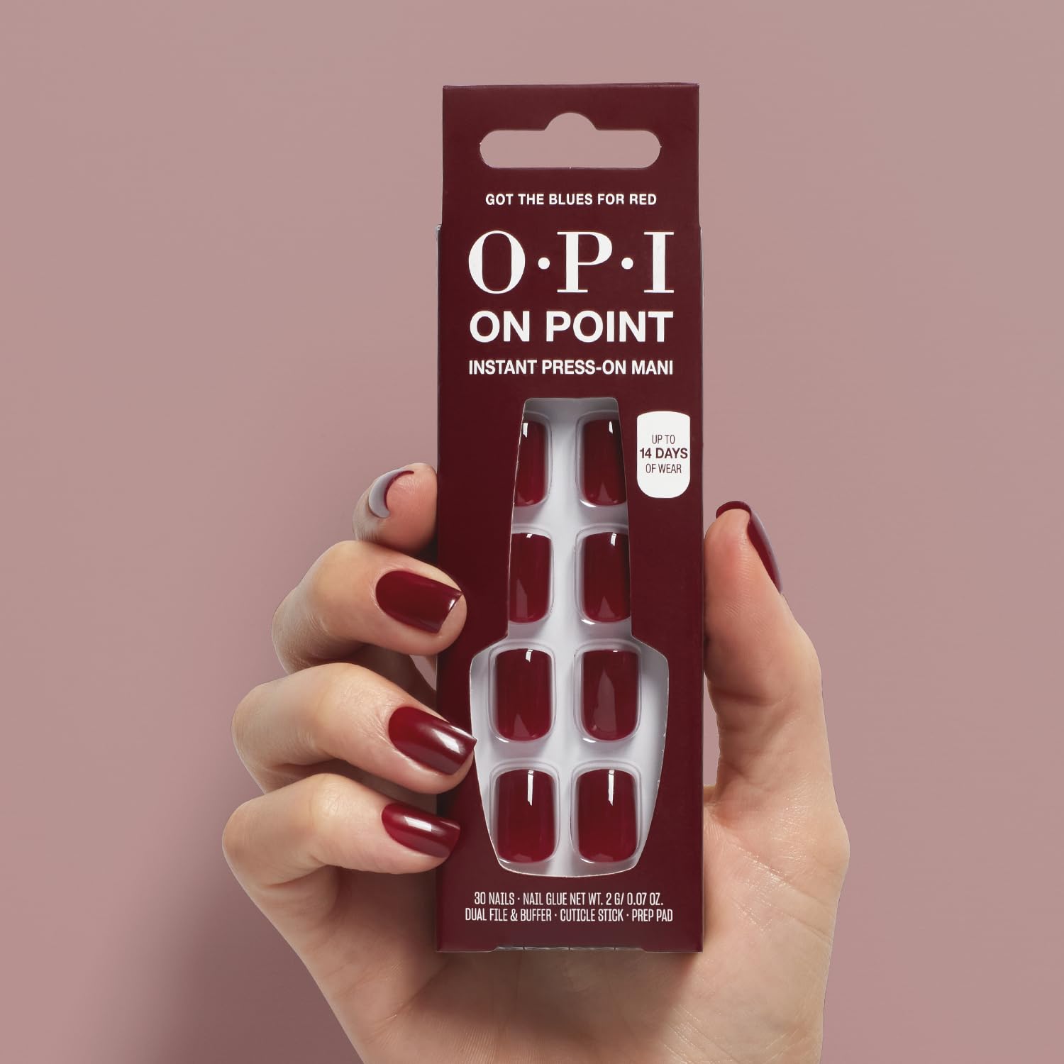 Rosy Brown OPI On Point Got The Blues for Red |Short Squoval Dark Red Press On Nails | 30 Count with Nail Glue | Long Lasting, Reusable, Non-damaging